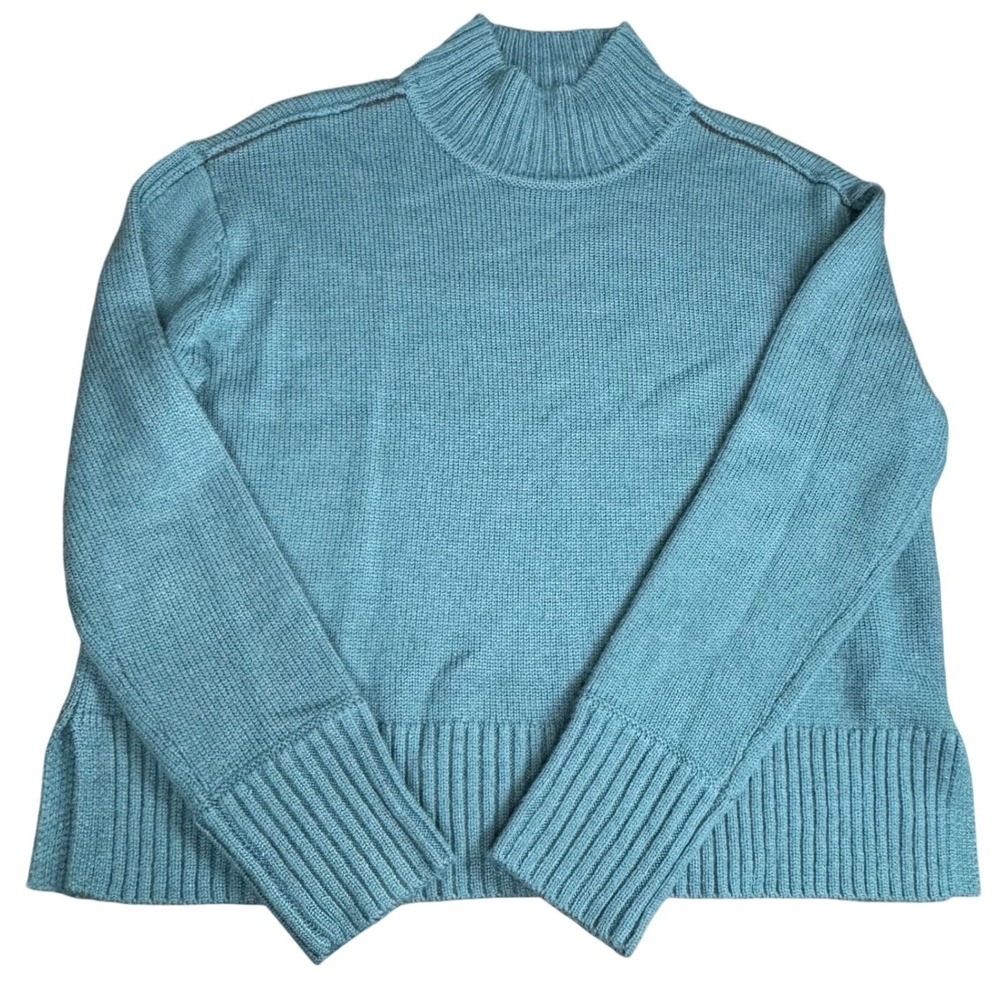 Jason Wu Mock Neck Sweater Teal Ribbed Wool‎ Blend M Cabincore Chunky Chic Cozy